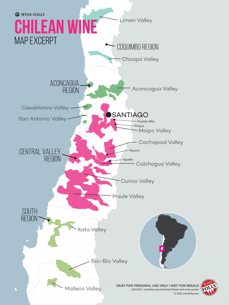 Mapa de regiões produtoras de vinhos no Chile